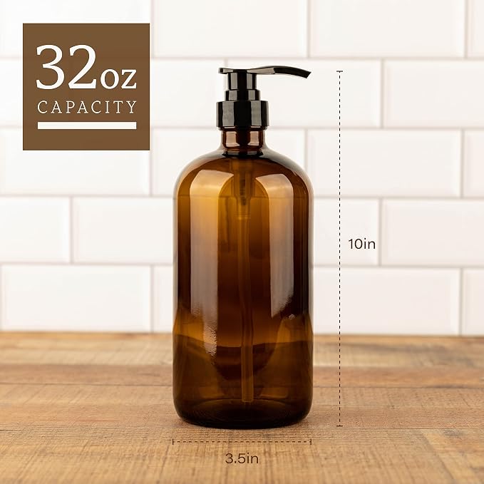 32 Ounce Glass Pump Dispenser Bottle, Large Amber Container - Image 2