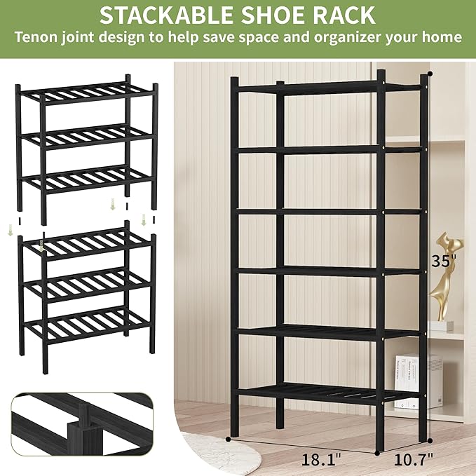 6-Tier Bamboo Small Shoe Rack, Free Standing Wood Shoe Shelf Storage Organizer - Image 3