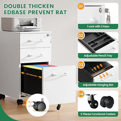 3 Drawer Slim File Cabinet, Mobile File Cabinet - Image 5