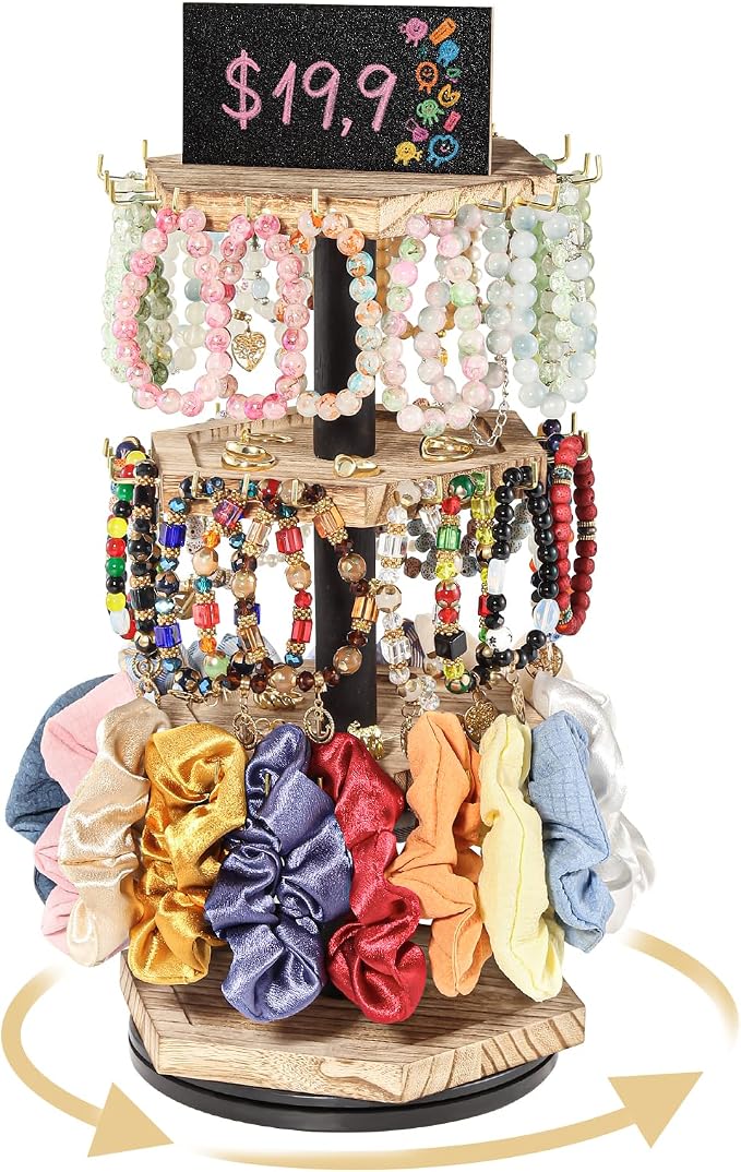 LadyRosian 3-Tier Wooden Rotating Jewelry Display Stand | Bracelet & Keychain by LadyRosian