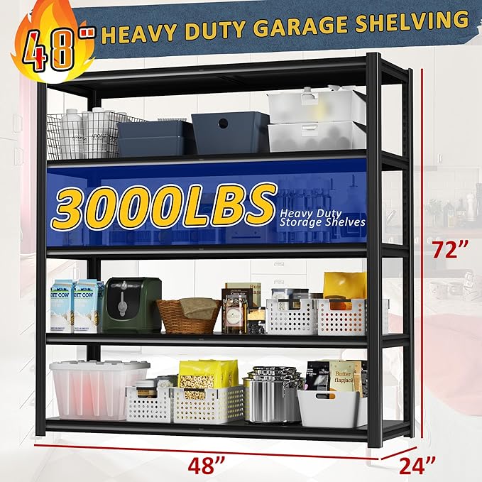 48" W Garage Shelving Heavy Duty 3030Lbs Storage Shelf 5 Tier Adjustable - Image 2