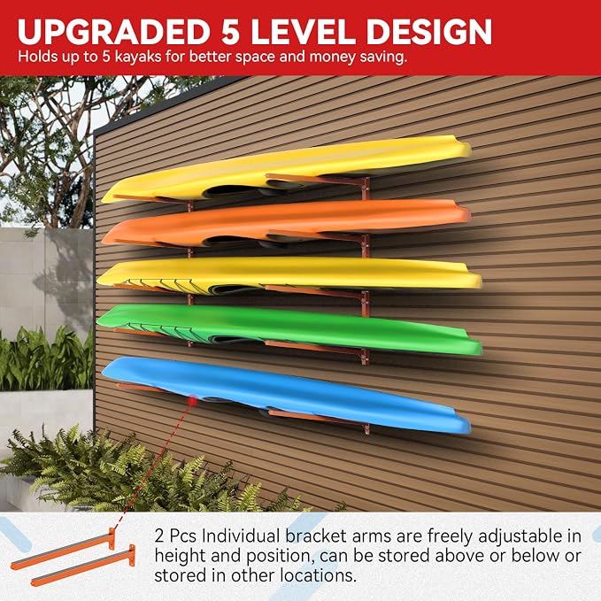 Kayak Storage Rack Wall Mount Adjustable 5 Levels Kayak Rack Wall Hanger Holder - Image 3