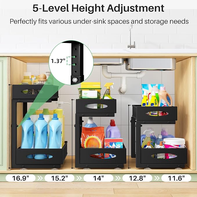 Under Sink Organizer, 2 Pack 2 Tier Pull out Cabinet Organizer Baskets - Image 4