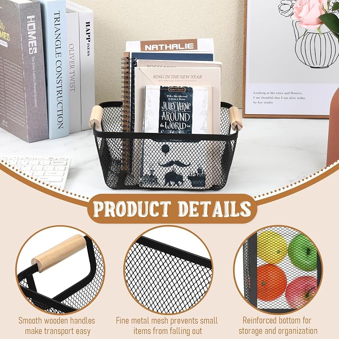 4 Pcs Metal Wire Baskets with Wooden Handles, 9.4x6.9in Wire Storage Basket - Image 3