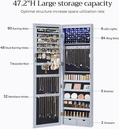 SONGMICS 6 LEDs Mirror Jewelry Cabinet, 47.2-Inch Tall Lockable Wall or Door - Image 5