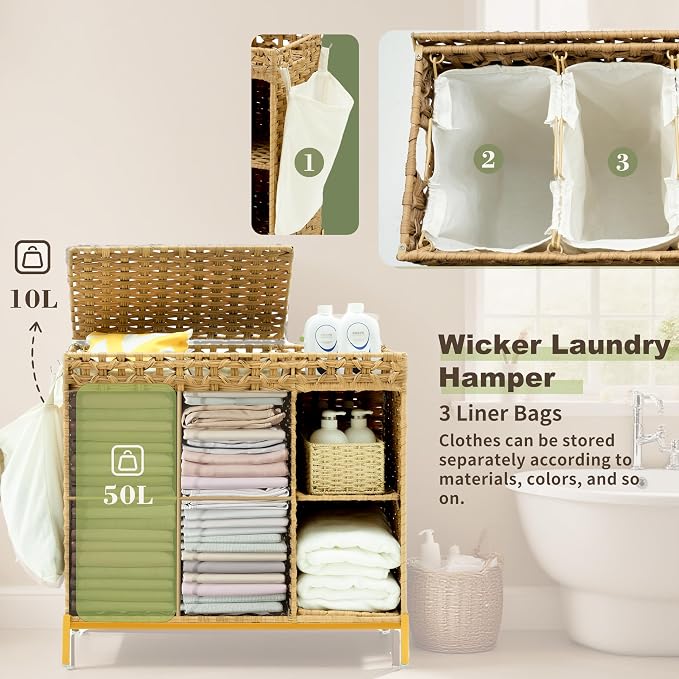 Laundry Hamper with Lid, 110L Rattan Laundry Hamper 2 Section with 50L Storage - Image 4