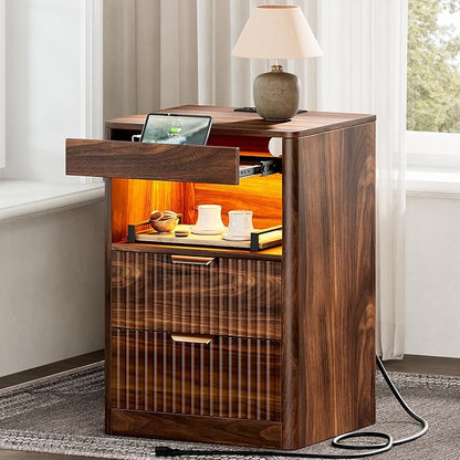 REAHOME Fluted Nightstand with Charging Station, Modern LED Night Stand with 2 by REAHOME