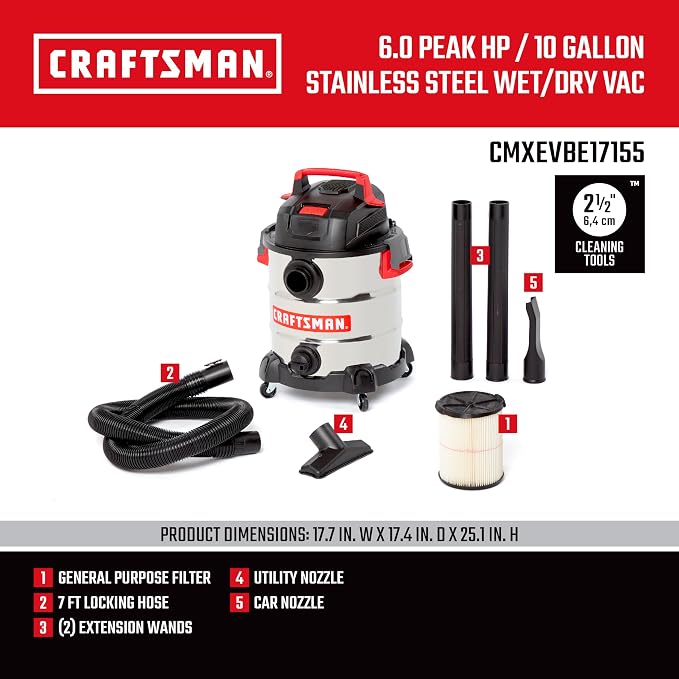 CRAFTSMAN CMXEVBE17155 10 Gallon 6.0 Peak HP Stainless Steel Wet Dry Vac - Image 3