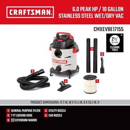 CRAFTSMAN CMXEVBE17155 10 Gallon 6.0 Peak HP Stainless Steel Wet Dry Vac - Image 3