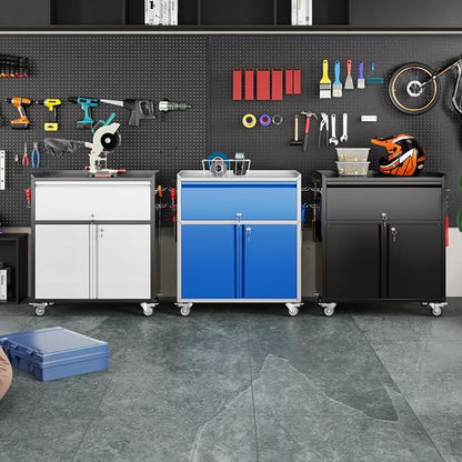 Aobabo Metal Cabinet with Wheels, Metal Garage Cabinet with 1 Drawer and 4 Hooks - Image 6