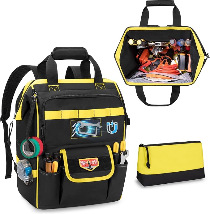 Tool Bag Backpack with Zipper Pouch and Magnetic Attraction Area, Heavy-Duty by Rexmica