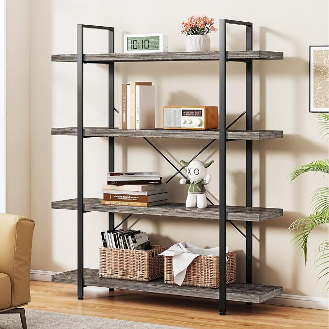 Heavy Duty 4-Tier Industrial Bookcase, 120lbs Shelf Capacity, Rustic Shelving by OtterOasis