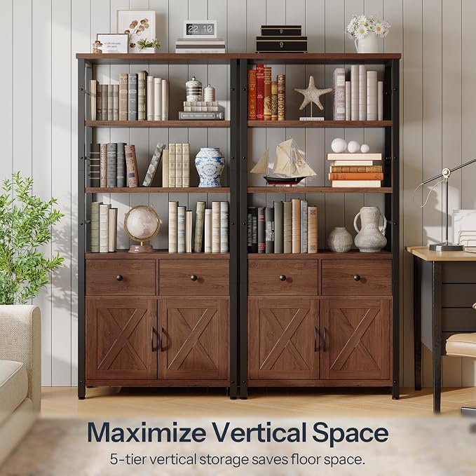 HOOBRO Bookshelf with Doors, Rustic Bookshelf with Drawers, Industrial Display - Image 7