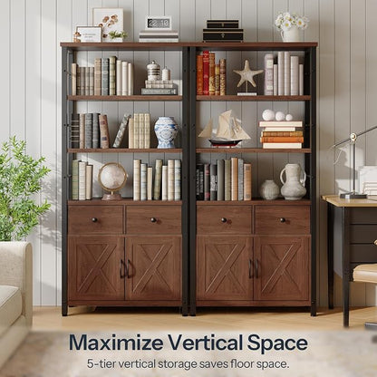 HOOBRO Bookshelf with Doors, Rustic Bookshelf with Drawers, Industrial Display - Image 7