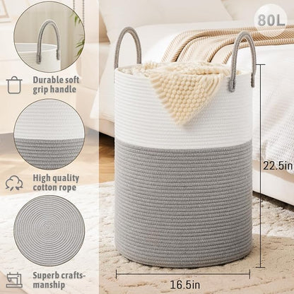 Laundry Basket, Woven Cotton Rope Laundry Hamper, 80L - Image 6