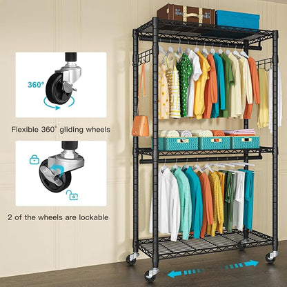 FUTASSI P1 Heavy Duty Garment Rack, 3 Tiers Adjustable Rolling Metal Closet - Image 5
