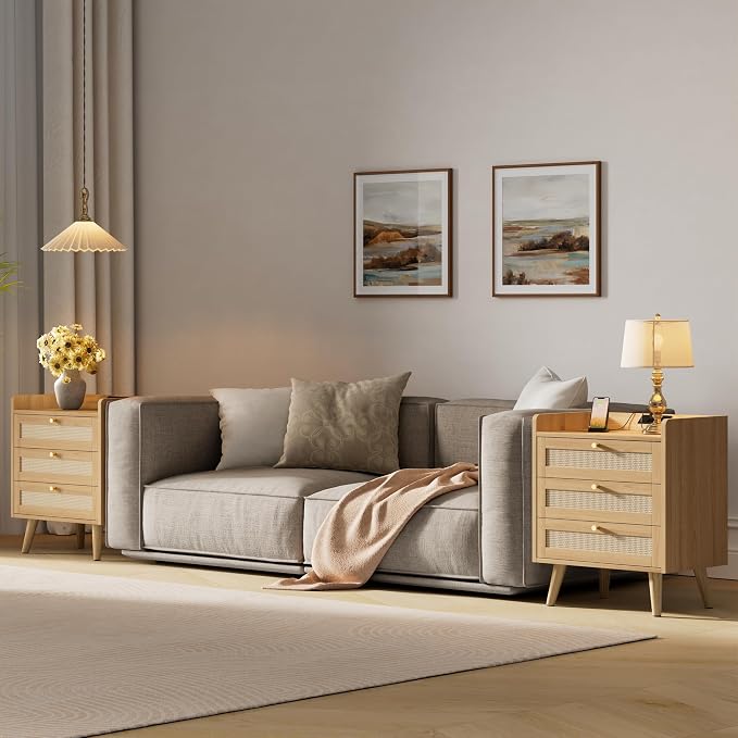 Rattan Night Stand with Charging Station, End Tables with 3 Drawer Dresser - Image 8