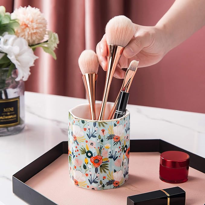 Jwest Pen Holder, Makeup Brush Holder Ceramic Shiny Gold Floral Pattern Pencil - Image 6