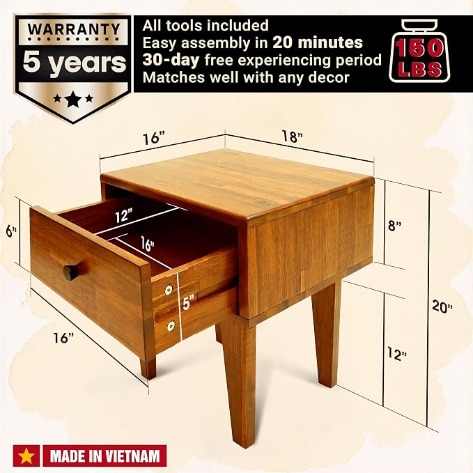 Acacia Sofia Nightstand with Drawer, Bedside Table, Solid Wood Bedside End - Image 2