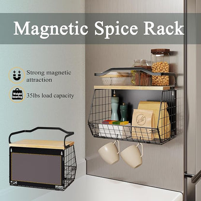 Magnetic Shelf for Fridge with Wood Lid, Heavy Duty Fruit Basket, Fruit Potato - Image 2