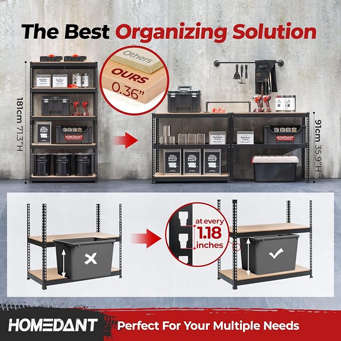 HOMEDANT 5-Tier Laminated Boltless Heavy Duty Metal Shelving Unit Adjustable - Image 4