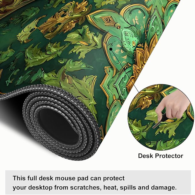 Green Vintage Floral Mouse Pad – Large Extended Desk Mat 31.5 x 11.8 in– Ornate - Image 4