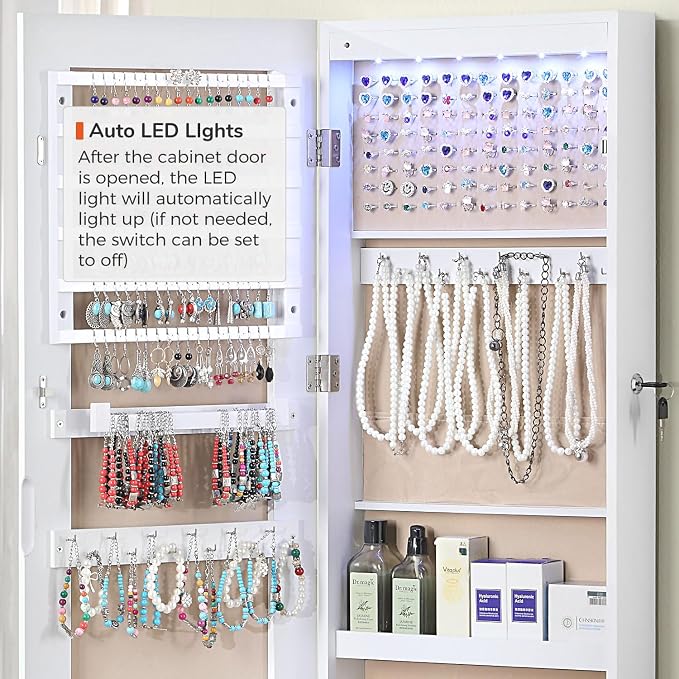 GISSAR Full Length Mirror Jewelry Cabinet, 6 LEDs Jewelry Armoire Wall Mounted - Image 7
