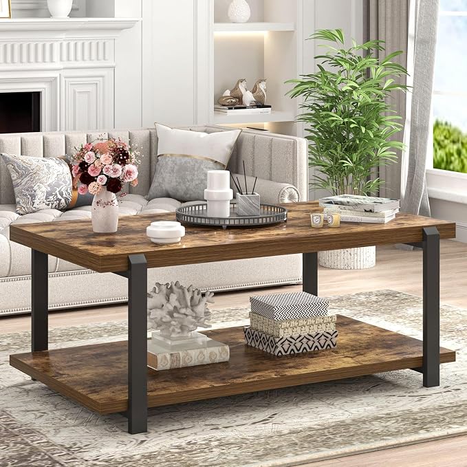 FOLUBAN Modern Coffee Table, Rustic Wood Center Table - Image 3