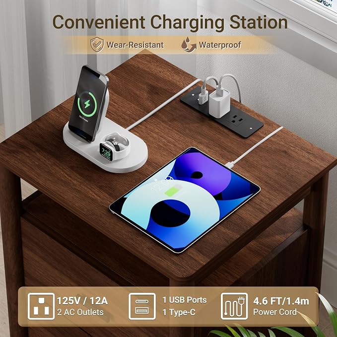 Night Stand Set of 2 with Charging Station, 2 Drawers End Table with Open Shelf - Image 4