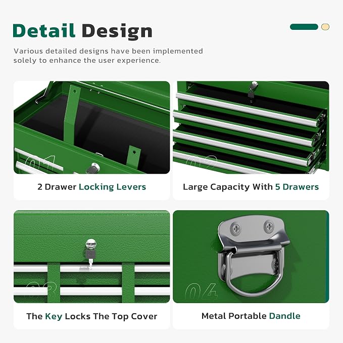 Greenvelly Tool Chest, 5-Drawer Rolling Tool Chest - Image 4