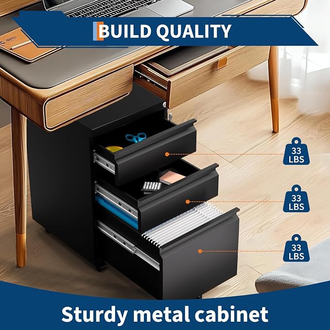 3 Drawer File Cabinet with Lock, Under Desk Metal Mobile Filing Cabinet with - Image 4