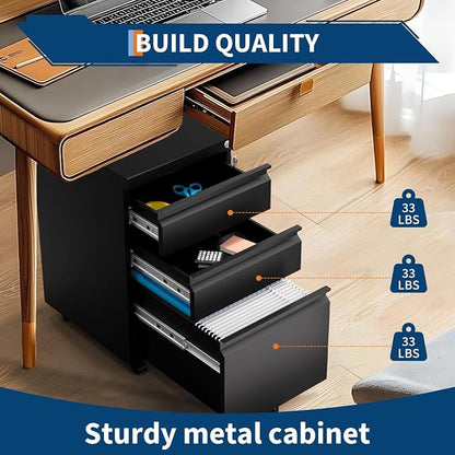 3 Drawer File Cabinet with Lock, Under Desk Metal Mobile Filing Cabinet with - Image 4