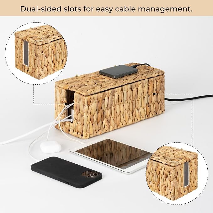 StorageWorks Cable Management Box, 2 Slots Wicker Cable Organizer to Hide Cords - Image 3
