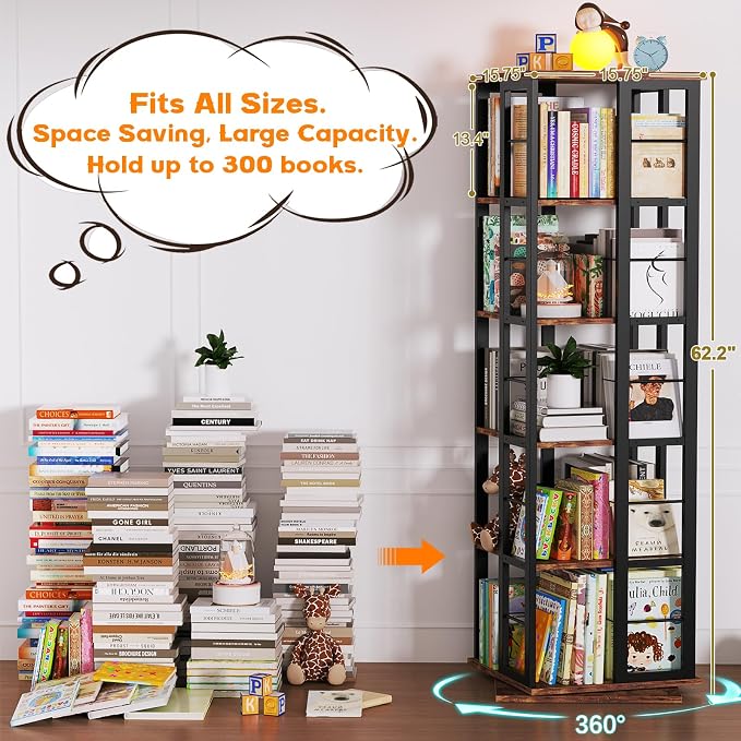 Aheaplus Rotating Bookshelf, Corner Bookcase, 360 Display Wood Spinning - Image 3