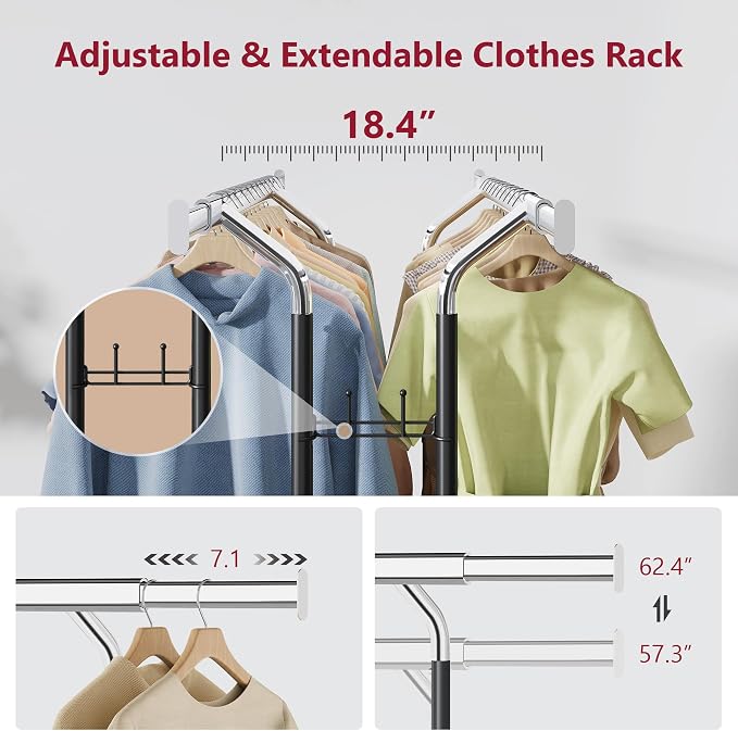 Tajsoon Double Rod Clothes Rack Load 480 LBS, Heavy Duty Rolling Garment Rack - Image 3