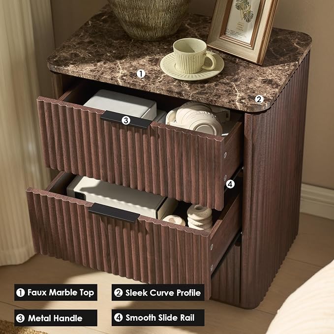 Fluted Nightstand Set of 2, Engineered Wood Bedside Table - Image 5