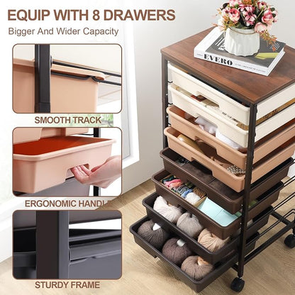 Rolling Carts with Wheels, Utility Cart with 8 Drawers and Wooden Tabletop - Image 3