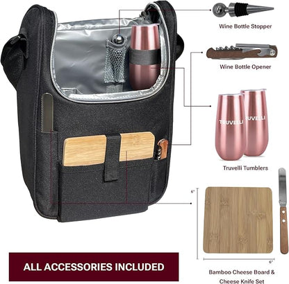 Truvelli Black Insulated Wine Tote Bag: Portable 2 Bottle Cheese Waterproof - Image 3