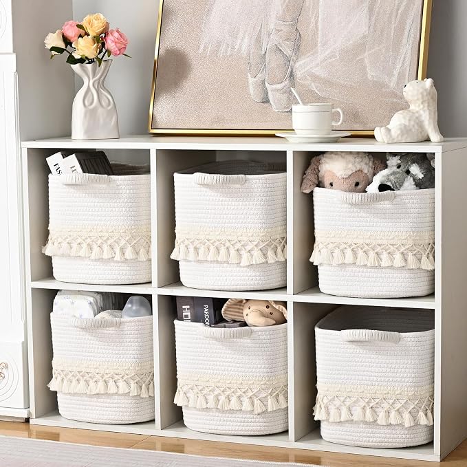 2 Pack Storage Basket for Shelves, Boho Cotton Rope Storage Bins - Image 5