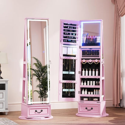 LVSOMT LED Mirror Jewelry Cabinet Standing, 360°Swivel Jewelry Armoire - Image 9