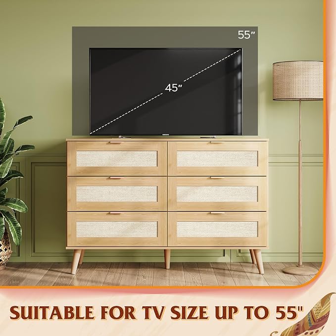 WLIVE Rattan Dresser for Bedroom, 6 Drawer 47.24'' Wide Boho Wood Dresser - Image 4
