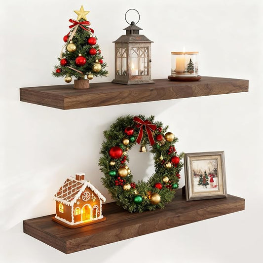 32 Inch Floating Shelves for Wall Set of 2, Rustic Wood Wall Mounted Floating by FunMemories