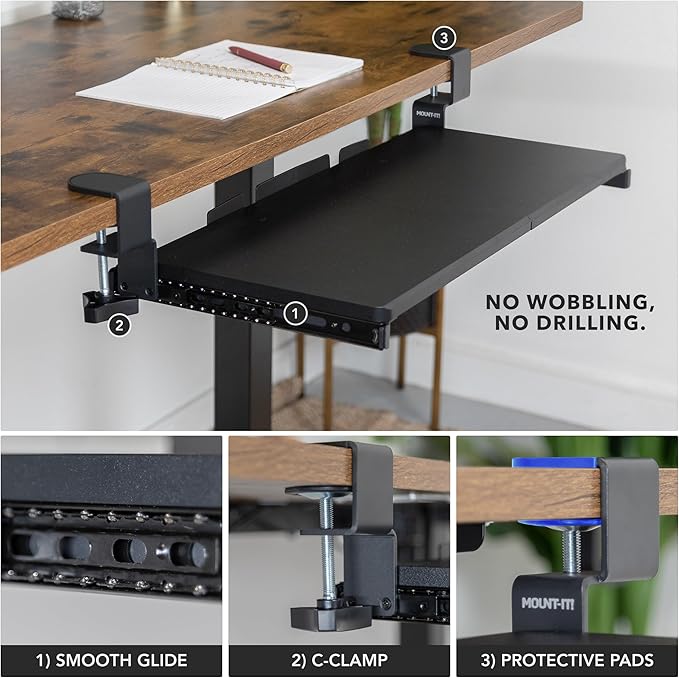 Mount-It! 24” Clamp-On Under Desk Keyboard Tray, Slide-Out Keyboard Drawer - Image 6