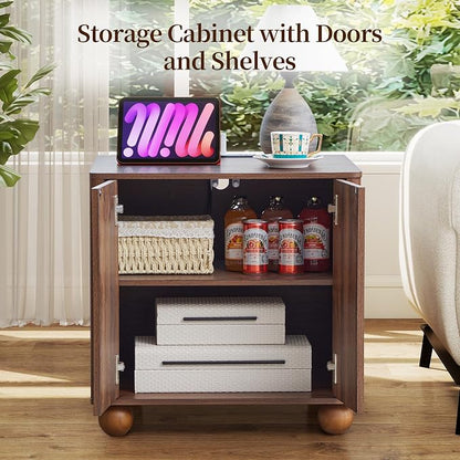 Bed Side Table with Charging Station, Mid Century Modern Nightstand with 2 Doors - Image 4