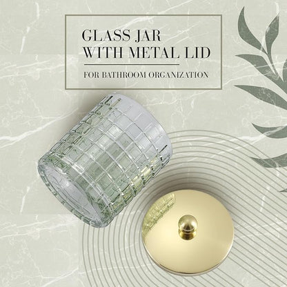 Sage Colored Tranlucent Apothecary Etched Geometric Grid Glass Jar W/Gold Metal - Image 3