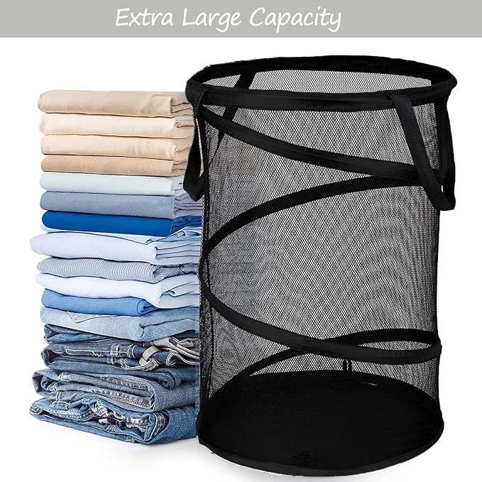 BATTOO 2 Pack Black X-Large Collapsible Laundry Basket Foldable Mesh Pop Up - Image 3