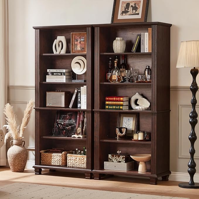 70" Tall Walnut Bookshelf, 5 Tier Wooden Book Shelf - Image 2