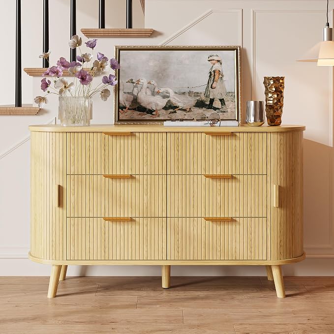 Fluted 6 Drawers Dresser, Curved Profile & Sturdy Legs, Wood TV Stand - Image 4