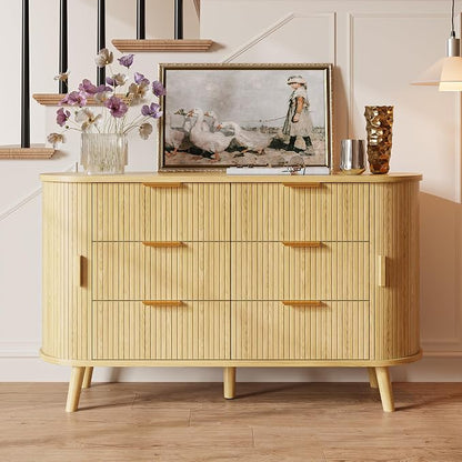 Fluted 6 Drawers Dresser, Curved Profile & Sturdy Legs, Wood TV Stand - Image 4