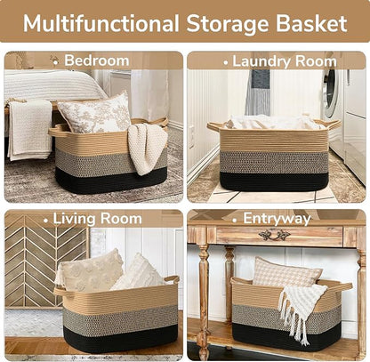 Goodpick Woven Blanket Basket, 21.6" x 14.9" x 11.8" Wicker Laundry Basket - Image 4